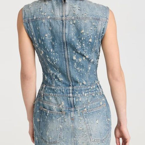 Load image into Gallery viewer, Hole Hollow Out Dresses For Women Round Neck Sleeveless High Waist Slimming Solid Mini Denim Dress Female Fashion
