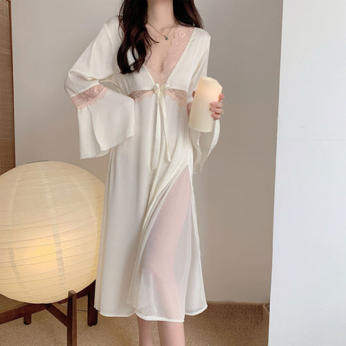 Load image into Gallery viewer, Women&#39;s Pajamas Sexy Long Dress Bell Sleeve Silk Like Homewear Deep V Skirt Sexy Lace Dress Sleepdress Nightgown Femme
