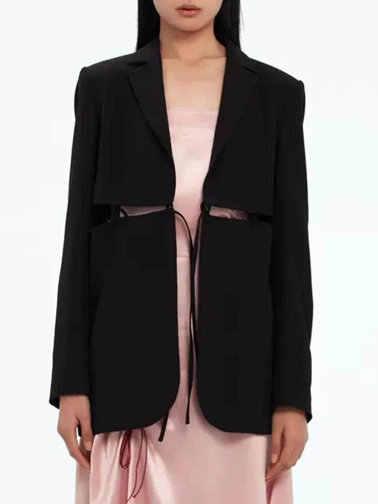 Bandage Blazer For Women Notched Collar Long Sleeve Solid Minimalist Blazers Female Clothing Fashion Clothing Style