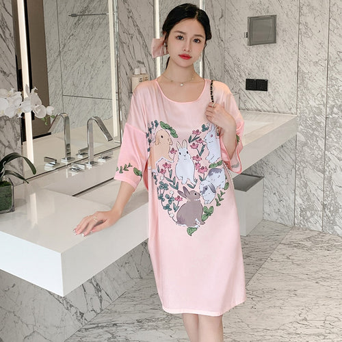 Load image into Gallery viewer, Satin Nightwear Women Short Sleeve Silk Sleeping Dress Casual Sweet Girl Loose Nightdress Summer Mid Length Pajama Skirt
