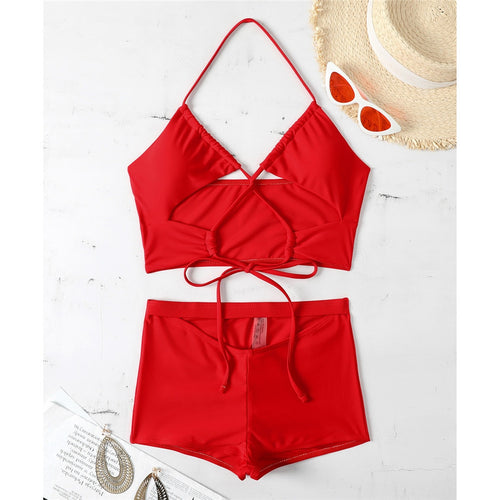 Load image into Gallery viewer, Halter Shorts High Waist Bikini Female Swimsuit Women Swimwear Two-pieces Bikini set Cut Out Bather Bathing Suit Swim Lady V3325
