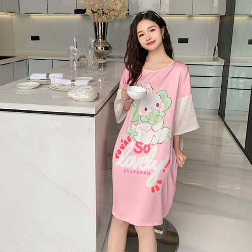 Load image into Gallery viewer, Satin Nightwear Women Short Sleeve Silk Sleeping Dress Casual Sweet Girl Loose Nightdress Summer Mid Length Pajama Skirt
