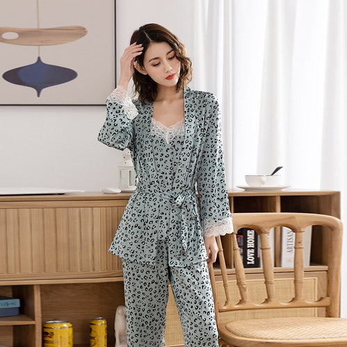 Load image into Gallery viewer, Fashion Leopard Print Pajamas Women Sexy Long Sleeve Suspender Dress Pants Three Piece Set Casual Comfort Home Clothing
