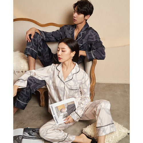 Load image into Gallery viewer, High Quality Women&#39;s Pajamas Set Silk Like Sleepwear Stripes Print Couples Homewear Men Nightwear Luxury Pyjamas Femme
