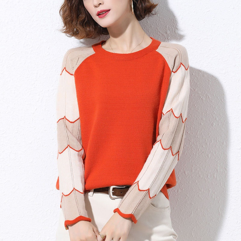 Casual O Neck Women Sweater Fashion Hollow Out Loose Long Sleeve Pullover Thin Knitted Jumper Spring Simple Patchwork Tops