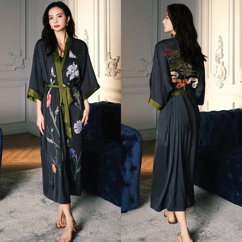 Load image into Gallery viewer, High Quality Women&#39;s Pajamas Long Robe Floral Sleepwear Silk Like Sexy Bathrobe Homewear Luxury Nightwear peignoir femme
