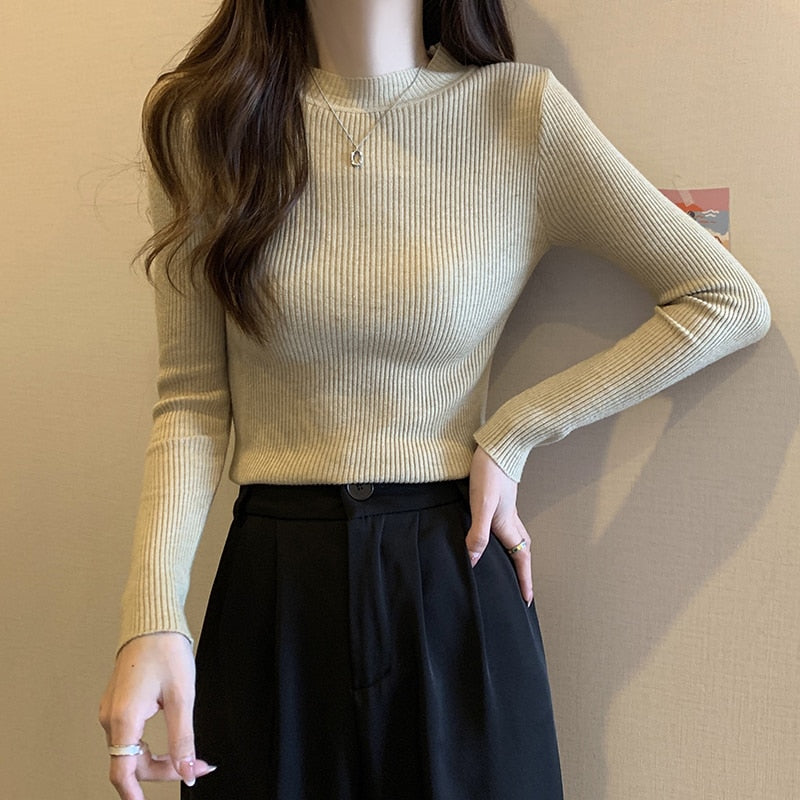 Simple Women Sweater Winter Stand Collar Fashion Pullover Elastic Knit Ladies Jumper Casual Solid Black Female Basic Tops