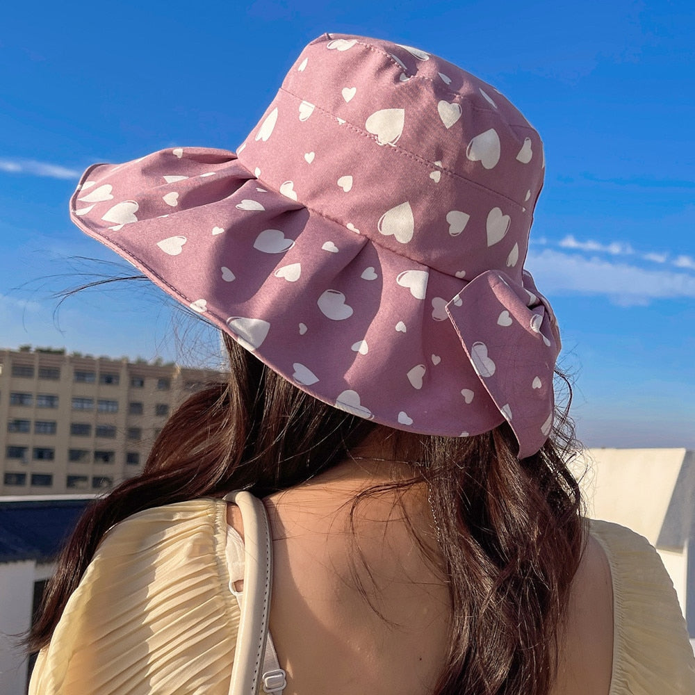 Women's Summer Hat Fashion Heart Pattern Print Design Sun Protection Sun Hat Travel Beach Bucket Hat
