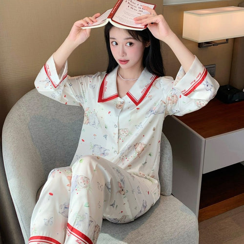 Load image into Gallery viewer, Silk Like Pajama Women&#39;s Lapel Long Sleeved Pants Sweet Cardigan Two Piece Set Spring Fashion Thin Casual Home Suit
