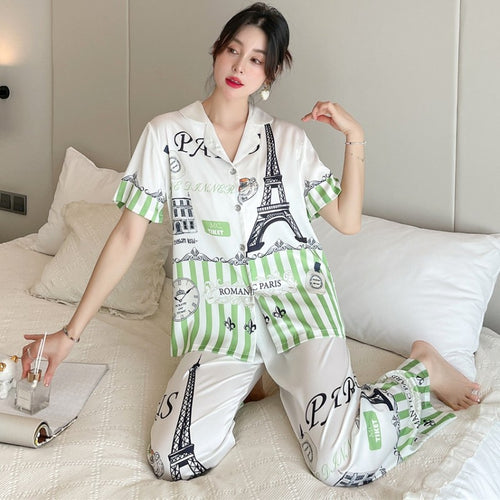 Load image into Gallery viewer, Women&#39;s Imitation Silk Pajamas Short Sleeve Pants Two-piece Set Spring Summer Fashion Thin Cardigan Large Home Suit
