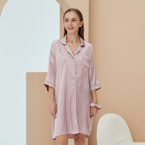 Load image into Gallery viewer, Imitation Silk Pajamas Women&#39;s Summer Short Sleeved V-neck Cardigan Home Clothing Sexy Solid Color Shirts Sleepwear
