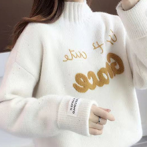 Load image into Gallery viewer, Women Half Turtleneck Sweater Autumn Fashion Letter Loose Pullover Knit Jumper Long Sleeve Letter Top Casual Warm Blouse
