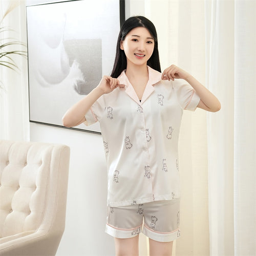 Load image into Gallery viewer, Women&#39;s Imitation Silk Pajamas Summer Short Sleeved Cardigan Shorts Home Suit Sweet White Rabbit Thin Casual Homewear
