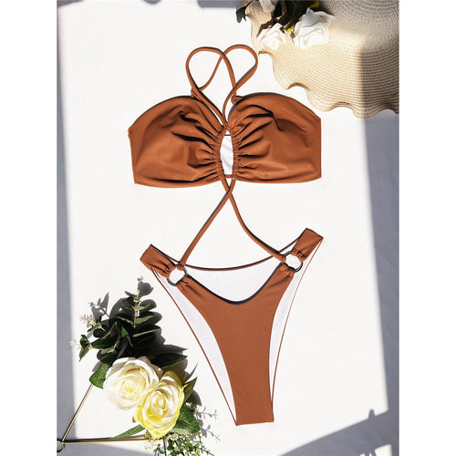 Load image into Gallery viewer, Sexy Wrinkled Cut Out Women Swimwear One Piece Swimsuit Female High Leg Cut Padded Monokini Bather Bathing Suit Swim Lady V3415
