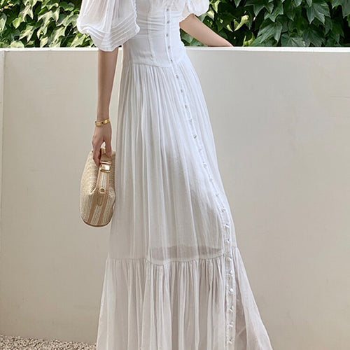 Load image into Gallery viewer, Elegant White Dress For Women Square Collar Puff Sleeve High Waist Solid Loose Midi Dresses Female Clothing Fashion
