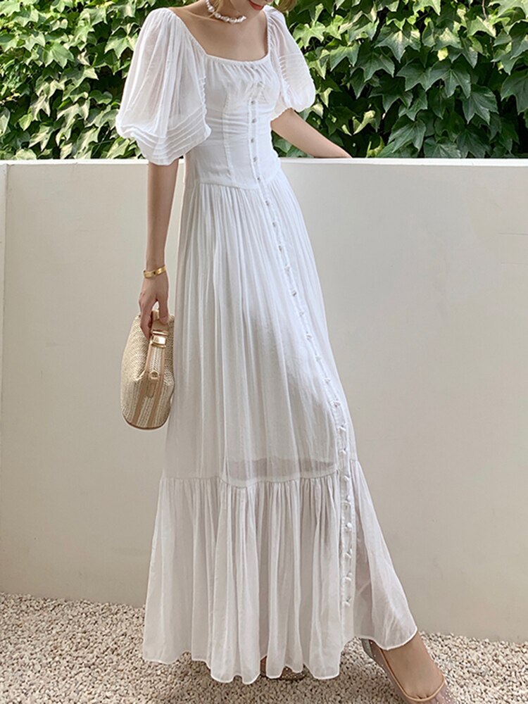 Elegant White Dress For Women Square Collar Puff Sleeve High Waist Solid Loose Midi Dresses Female Clothing Fashion