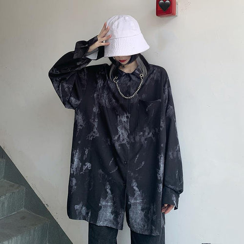 Load image into Gallery viewer, Oversize Tie Dye Women Shirts Dark Academic Long Sleeve Chain Bear Button Up Oversize Tops Gothic Streetwear Black Shirt
