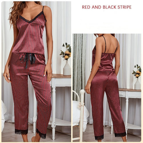 Load image into Gallery viewer, Women&#39;s Pajamas Set Stripes Silk Like Homewear Casual Sling top and Pants Nightwear Elegant Home Clothes Sleepwear Femme
