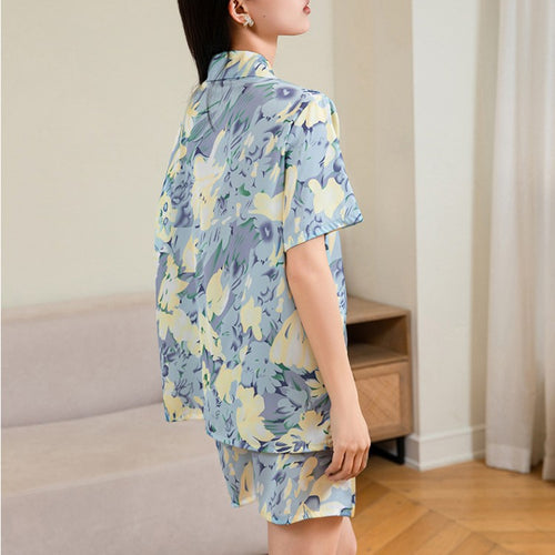 Load image into Gallery viewer, Women&#39;s Imitation Silk Pajamas Summer Gradient Flower Printing Short Sleeved Shorts Home Suit Comfortable Loose Homewear
