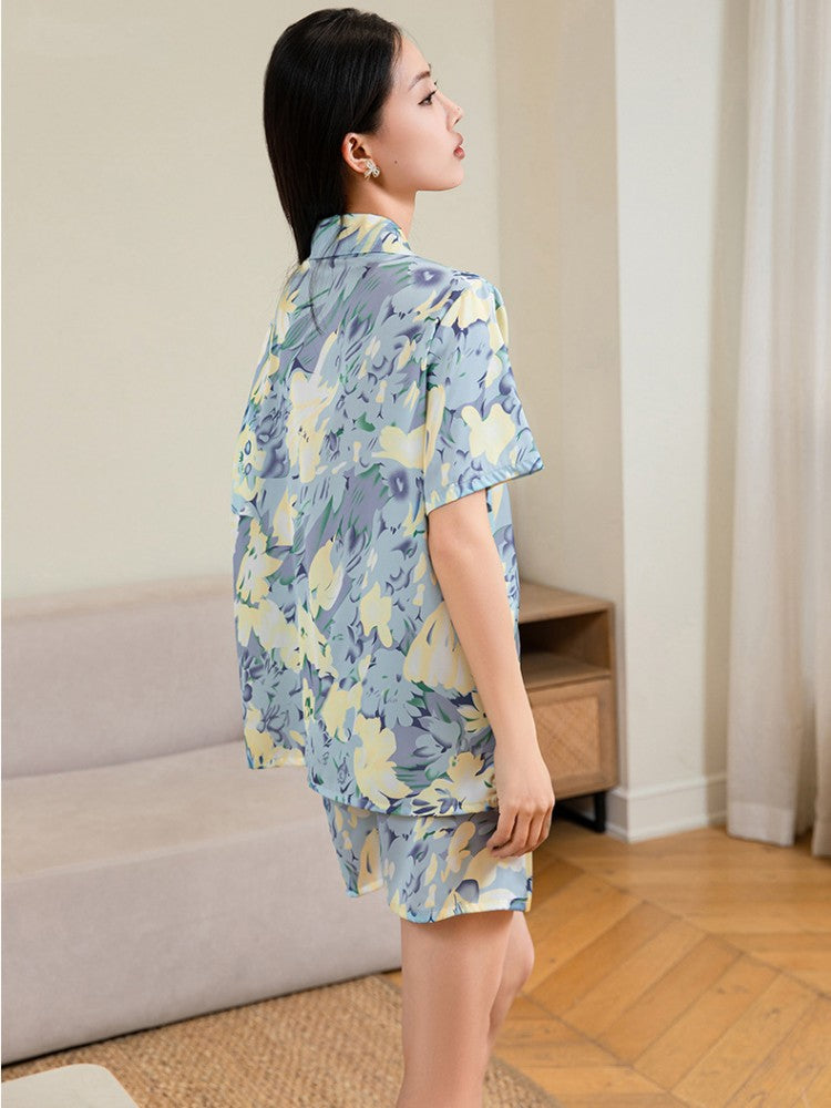 Women's Imitation Silk Pajamas Summer Gradient Flower Printing Short Sleeved Shorts Home Suit Comfortable Loose Homewear