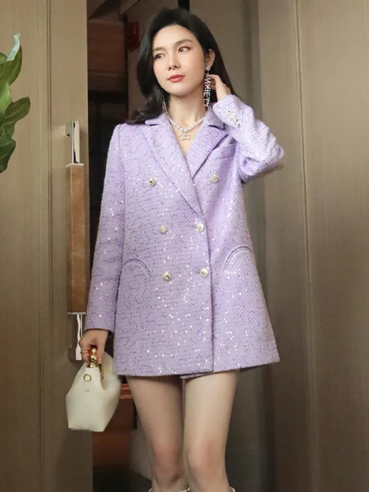 Slim Patchwork Sequins Blazer For Women Notched Collar Long Sleeve Tweed Elegant Blazers Female Autumn Clothing