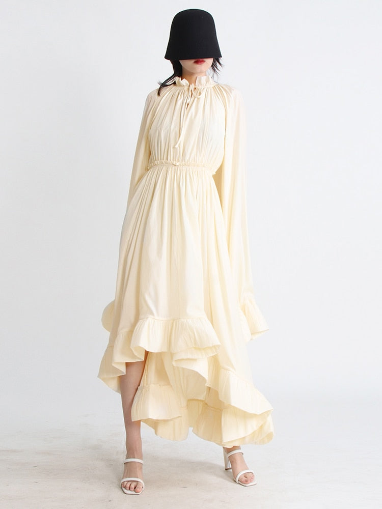 Solid Ruffles Dresses For Women V Neck Cloak Sleeve High Waist Elegant Minimalist Summer Dress Female Fashion