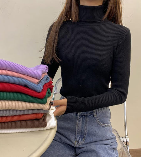 Soft Women Pullover Sweater Elastic Long Sleeve Knitted Jumper Fall Turtleneck Black Black