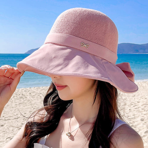 Load image into Gallery viewer, Women&#39;s Summer Sun Cap Fashion Hollow Bow Design Sun Hat Female Travel Beach Bucket Hat
