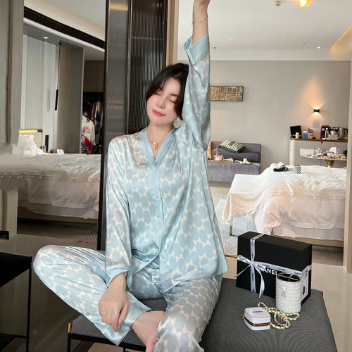 Load image into Gallery viewer, Women&#39;s Pajamas Set Luxury Style Painting Print Sleepwear Satin Silky Touch Homewear V Neck Nightie Casual Home Suit
