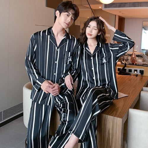 Load image into Gallery viewer, Ice Silk Couple Pajamas Women&#39;s Fashion Stripe Long Sleeve Pants 2-piece Suit Men&#39;s Large Size Satin Home Clothes
