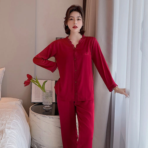 Load image into Gallery viewer, Women&#39;s Pajamas Set Vintage V Neck Lace Sleepwear Silk Like Nightie Leisure Home Clothes Nightwear Pyjamas Femme
