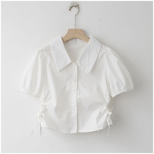 Load image into Gallery viewer, Button Up Women Shirts Puff Sleeve Summer White Ladies Crop Tops White Fashion Lace Up Turn Down Collar Female Tops
