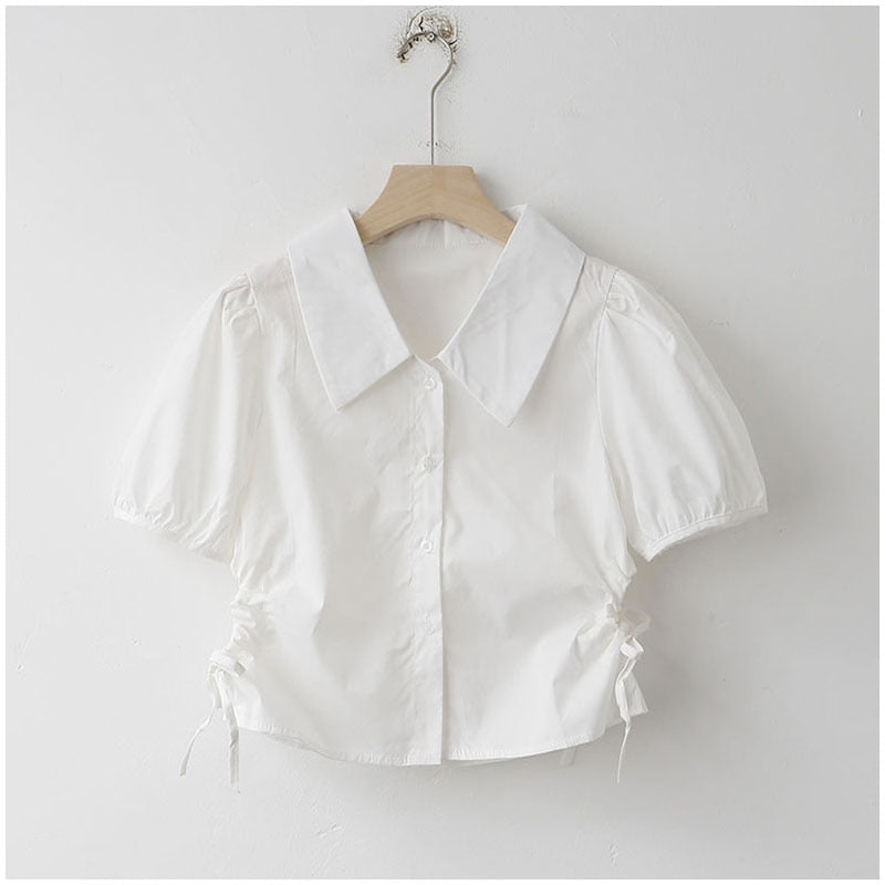 Button Up Women Shirts Puff Sleeve Summer White Ladies Crop Tops White Fashion Lace Up Turn Down Collar Female Tops