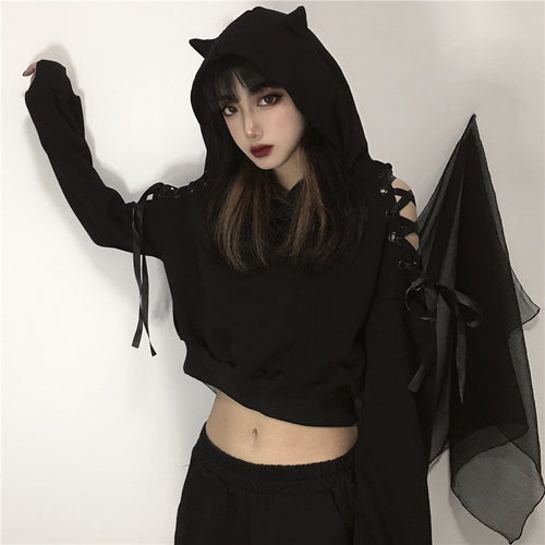 Load image into Gallery viewer, Harajuku Women Hoodies Black Gothic Hooded Bandage Long Sleeve Autumn Crop Top Sexy Club Pullover Streetwear Hoodies
