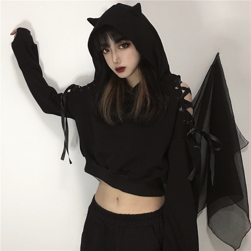 Harajuku Women Hoodies Black Gothic Hooded Bandage Long Sleeve Autumn Crop Top Sexy Club Pullover Streetwear Hoodies