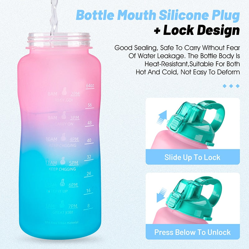 2L Fitness Water Bottle Gradient Color Cycling Running Sport Large Capacity Portable Bottle With Cleaning Cup Brush