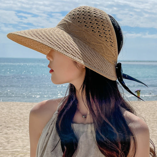 Load image into Gallery viewer, Summer Hats For Women Fashion M Letter Bow Design Straw Hat  Empty Top Sun Hat Travel Beach Hat
