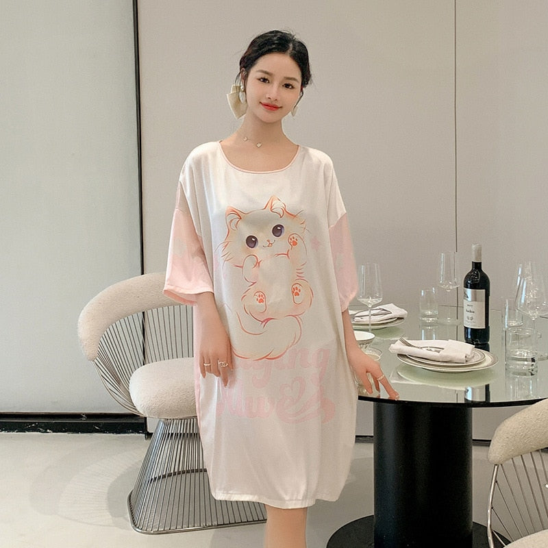 Satin Nightwear Women Short Sleeve Silk Sleeping Dress Casual Sweet Girl Loose Nightdress Summer Mid Length Pajama Skirt