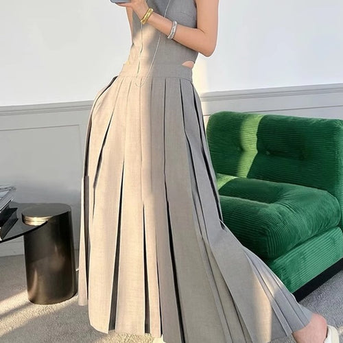 Load image into Gallery viewer, Minimalist Pleated Dresses For Women Round Neck Sleeveless High Waist Pleated Off Shoulder Dress Female Fashion
