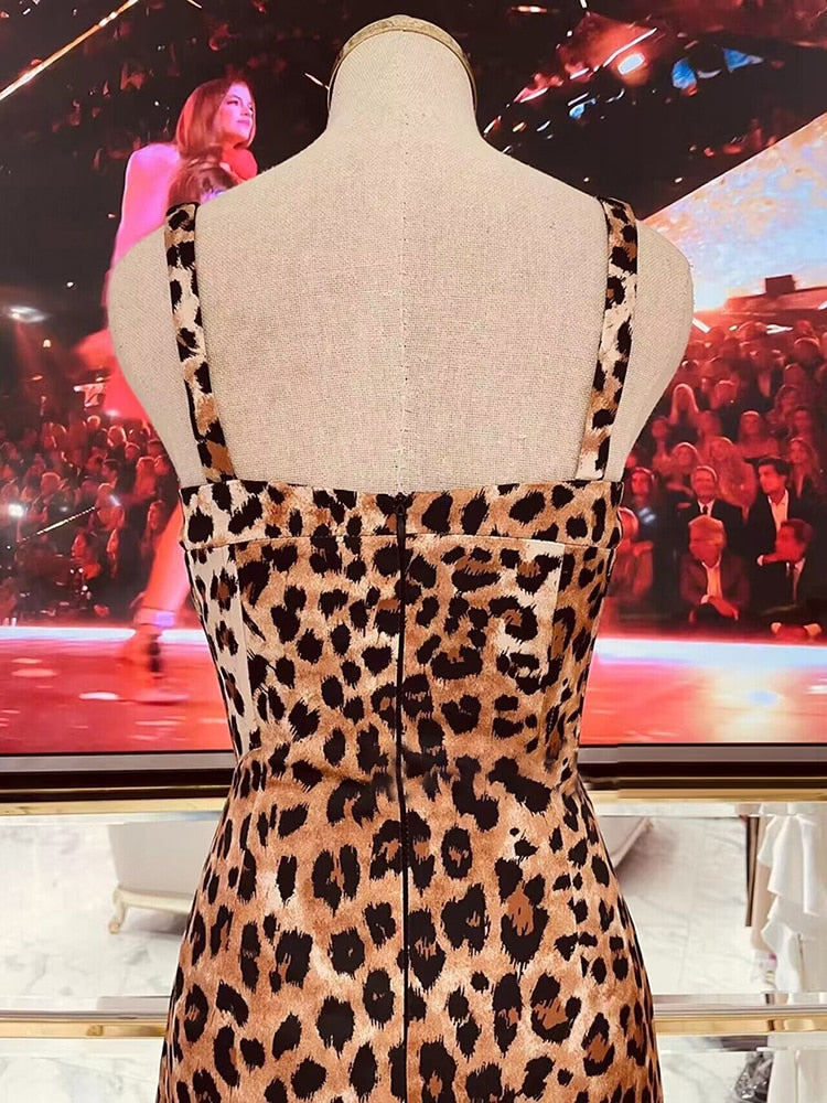 Backless Leopard Dresses For Women Square Collar Sleeveless High Waist Sexy Split Dress Female Fashion Clothing