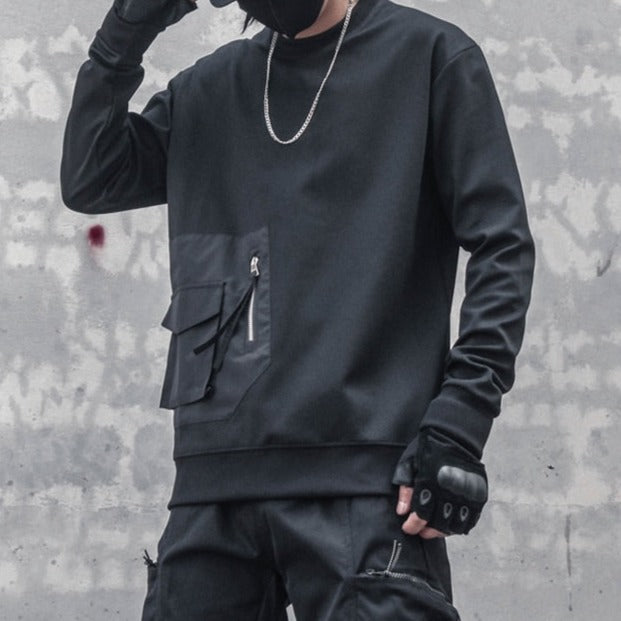 Men Sweatshirt Hip Hop Streetwear Black Striped Fashion Harajuku Pocket O-Neck Pullover Patchwork Punk Tops Sweat Shirt
