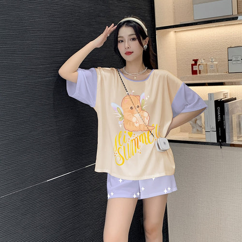 Load image into Gallery viewer, Women&#39;s Silk like Pajamas Cute Short Sleeve Shorts Two Piece Set Round Neck Summer Outwear Casual Home Clothing
