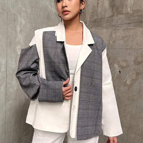 Load image into Gallery viewer, Streetwear Patchwork Plaid Blazer For Women Notched Collar Long Sleeve Colorblock Blazers Female Autumn Clothes
