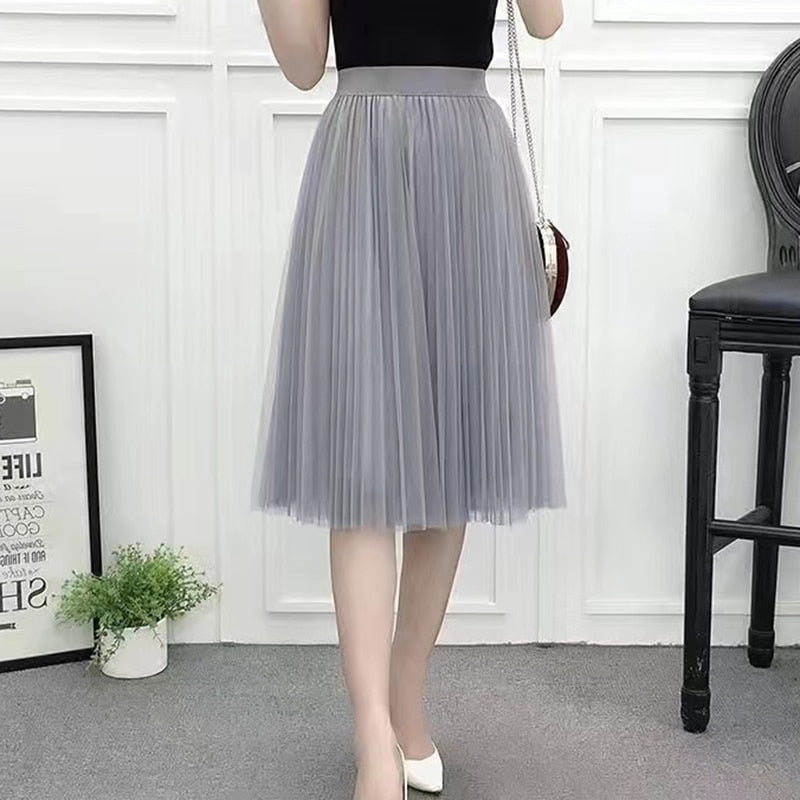 Elegant Women Tulle Skirt  Korean Fashion Mesh White A Line Ladies Pleated Skirt Summer Chic High Waist Black Party Faldas