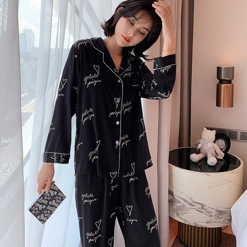 Load image into Gallery viewer, Simulation Silk Pajamas Women Summer Thin Long Sleeved Cardigan Two-piece Set Fashion Letter Printing Home Clothing
