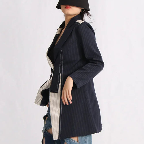 Load image into Gallery viewer, Casual Striped Blazers For Women Notched Collar Long Sleeve Patchwork Button Yrregular Blazer Female Clothing
