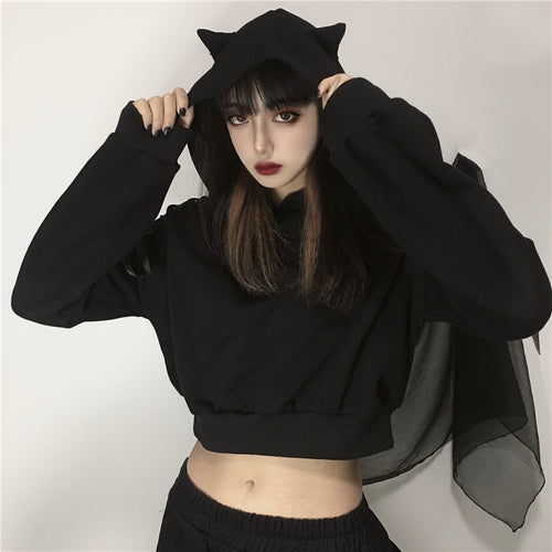 Load image into Gallery viewer, Harajuku Women Hoodies Black Gothic Hooded Bandage Long Sleeve Autumn Crop Top Sexy Club Pullover Streetwear Hoodies
