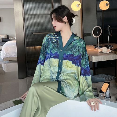 Load image into Gallery viewer, Women&#39;s Pajamas Set Luxury Fashion Paint Print Sleepwear Silk Like Homewear V Neck Nightwear New пижама женская
