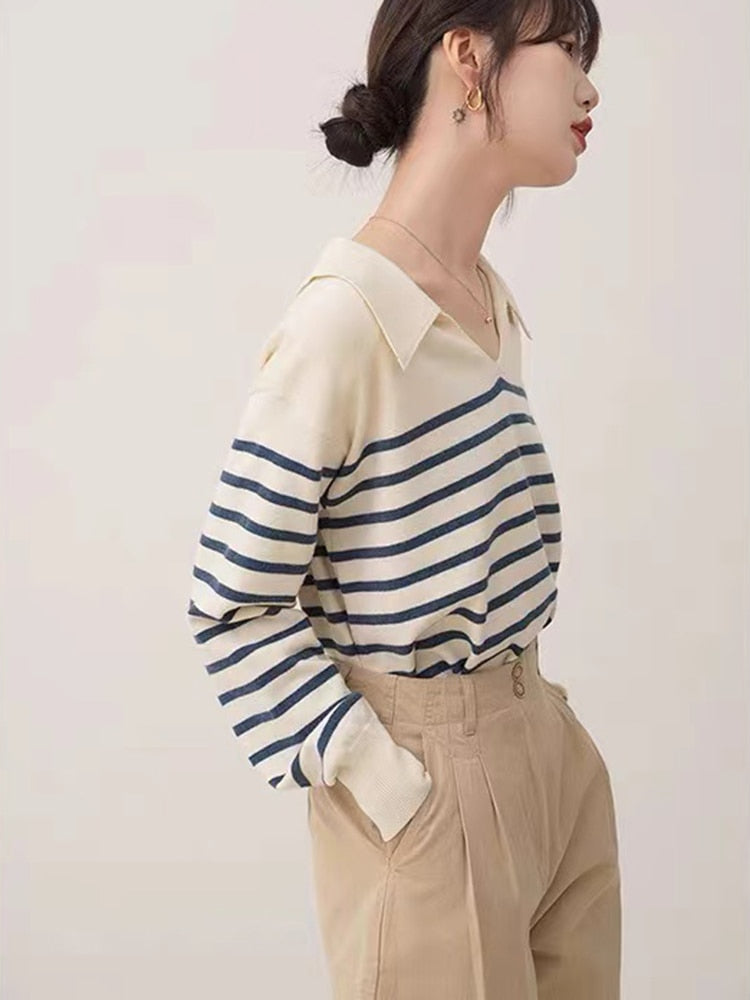 Designed Striped Women Sweater Pullover Korean V Neck Loose Jumper Long Sleeve Fall Office Ladies Blue Sweater