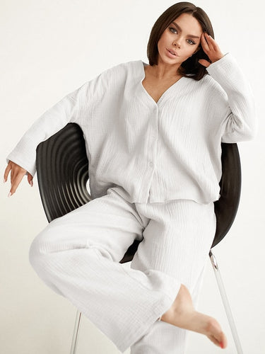 Load image into Gallery viewer, V-neck Long-sleeved Pajamas Women&#39;s Cotton Linen Home Suit Fashion Loose Shirt High Waist Wide Leg Pants Two-piece Set
